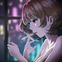 Rule 34 | 1girl, breasts, brown hair, cigarette, cleavage, commentary request, green eyes, highres, holding, holding cigarette, holding lighter, idolmaster, idolmaster cinderella girls, lighter, lighting cigarette, lips, medium breasts, mole, mole under eye, night, nude, oshizu, parted lips, short hair, solo, takagaki kaede, topless, window