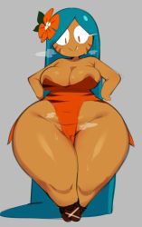 Rule 34 | 1girl, bare shoulders, blue hair, breasts, chamchami, cookie run, fang, flower, flower on head, full body, green hair, highres, large breasts, living food, loincloth, long hair, looking at viewer, orange eyes, plump, slit pupils, standing, strapless, sweat, thick thighs, thighs, tiger lily cookie, very long hair, wide hips