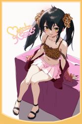 Rule 34 | 1girl, absurdres, animal print, arm support, black hair, blush, breasts, character name, character signature, collarbone, commission, crop top, highres, idolmaster, idolmaster cinderella girls, jacket, jacket partially removed, leopard print, looking at viewer, matoba risa, midriff, miniskirt, nail polish, navel, pink jacket, pink skirt, pleated skirt, print camisole, signature, sitting, skirt, small breasts, smile, solo, stariajuice, toenail polish, toenails, toes, twintails, yellow eyes