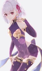 Rule 34 | 1girl, armlet, armor, bare shoulders, bikini armor, blush, bracelet, breasts, collar, detached sleeves, dress, earrings, fate/grand order, fate (series), floral print, hair ribbon, highres, jewelry, kama (fate), kama (first ascension) (fate), looking at viewer, meltymaple, metal collar, miniskirt, pelvic curtain, purple dress, purple skirt, purple sleeves, purple thighhighs, red eyes, ribbon, ring, short hair, silver hair, skirt, small breasts, thighhighs, thighlet, thighs