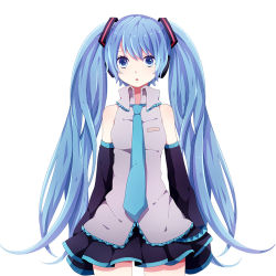 Rule 34 | 1girl, blue eyes, blue hair, detached sleeves, hatsune miku, headphones, long hair, matching hair/eyes, necktie, shinogo no, simple background, skirt, sleeves past wrists, solo, twintails, very long hair, vocaloid, white background