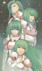 Rule 34 | 4girls, annand (fire emblem), armor, bob cut, closed mouth, crying, dithorba (fire emblem), elbow gloves, erinys (fire emblem), female focus, fingerless gloves, fire emblem, fire emblem: genealogy of the holy war, gloves, green eyes, green hair, hand on own hip, hand on own chest, high collar, highres, long hair, looking at viewer, matching hair/eyes, multiple girls, nintendo, pamela (fire emblem), parted lips, short hair, shoulder armor, sky, star (sky), starry sky, tears, trait connection, very long hair, white armor, white gloves