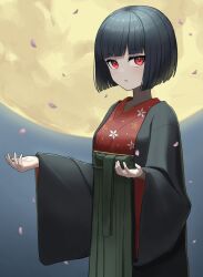 Rule 34 | 1girl, absurdres, black hair, blunt bangs, bob cut, commentary request, commission, floral print, full moon, green hakama, hakama, hakama skirt, highres, japanese clothes, kawara pigeon, kimono, long sleeves, looking at viewer, moon, night, night sky, open clothes, original, outdoors, parted lips, petals, print kimono, red eyes, red kimono, second-party source, short hair, skeb commission, skirt, sky, solo, wide sleeves