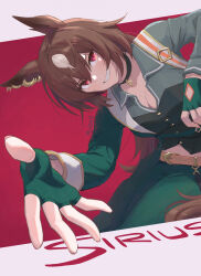 Rule 34 | 1girl, absurdres, animal ears, artist name, black choker, breasts, brown hair, character name, choker, cleavage, commentary request, cowboy shot, ear ornament, gloves, green gloves, green jacket, green pants, grin, hair between eyes, highres, horse ears, horse girl, jacket, long hair, long sleeves, looking at viewer, medium breasts, mukakin, multicolored hair, open clothes, open jacket, outstretched hand, pants, red background, simple background, sirius symboli (umamusume), smile, solo, streaked hair, teeth, two-tone background, umamusume, very long hair, white background, white hair