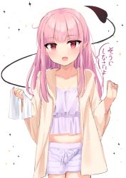 Rule 34 | 1girl, blush, brown jacket, camisole, collarbone, crop top, demon tail, fang, hands up, highres, holding, holding towel, jacket, long hair, long sleeves, looking at viewer, midriff, nail polish, open clothes, open jacket, open mouth, original, pink hair, pointy ears, purple camisole, purple nails, purple shorts, red eyes, short shorts, shorts, solo, sparkle, striped clothes, striped shorts, tail, tail raised, towel, translation request, tsukiman, wide sleeves