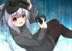 Rule 34 | 1girl, :d, animal ears, black pantyhose, black sweater, blush, cat ears, cat girl, cat tail, commentary request, grey hair, hair between eyes, head-mounted display, highres, holding, knees together feet apart, long hair, long sleeves, looking at viewer, looking to the side, open mouth, original, pantyhose, red eyes, smile, solo, sora (silent square), sweater, tail