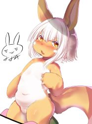 Rule 34 | 1other, animal ears, blush, body fur, brown eyes, character name, furry, highres, kawazu tika, made in abyss, nanachi (made in abyss), nude, open mouth, other focus, plump, rabbit ears, short hair, simple background, solo, whiskers, white background, white hair