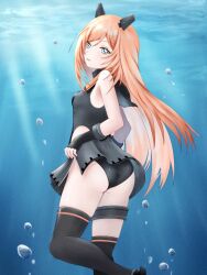 Rule 34 | 1girl, black gloves, black sailor collar, black thighhighs, blue eyes, breasts, commentary request, fingerless gloves, freediving, from behind, gloves, grey one-piece swimsuit, grey skirt, headgear, highres, kantai collection, kotou yogen, long hair, looking at viewer, looking back, one-piece swimsuit, orange hair, sailor collar, salmon (kancolle), skirt, small breasts, solo, swimsuit, thighhighs, two-tone swimsuit, underwater