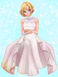 Rule 34 | 10s, 1boy, blonde hair, blue eyes, closed mouth, crossdressing, dress, gown, hair ornament, hairclip, hugtto! precure, looking at viewer, male focus, nobumoto, precure, smile, solo, trap, wakamiya henri, white dress