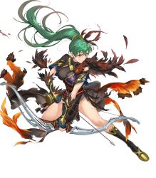Rule 34 | 1girl, alternate color, alternate costume, armor, arrow (projectile), boots, bow (weapon), breasts, capelet, clenched teeth, earrings, feather trim, female focus, fingerless gloves, fire emblem, fire emblem: the blazing blade, fire emblem heroes, fur trim, gloves, gold trim, gradient clothes, green eyes, green hair, hair ornament, high ponytail, highres, holding, holding bow (weapon), holding weapon, jewelry, kakage, knee boots, large breasts, long hair, looking away, lyn (brave lady) (fire emblem), lyn (brave lady) (resplendent) (fire emblem), lyn (fire emblem), matching hair/eyes, medium breasts, nintendo, non-web source, official art, parted lips, pelvic curtain, ponytail, quiver, shiny skin, short sleeves, solo, sweat, sweatdrop, teeth, thighs, torn clothes, transparent background, weapon