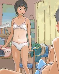 Rule 34 | 1boy, 1girl, bedroom, black hair, blush, bow, bow bra, bow panties, bra, chair, character request, copyright request, desk, erection, erection under clothes, hetero, indoors, lowres, oekaki, one-piece tan, oonani, panties, polka dot, polka dot bra, polka dot panties, source request, tan, tanline, underwear, underwear only, white bra, white panties