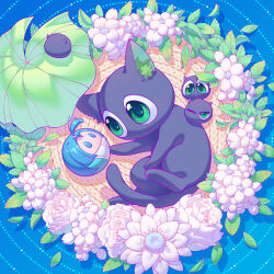 Rule 34 | black cat, cat, flower, green eyes, heixiu, highres, leaf, luo xiaohei, luo xiaohei (cat), luo xiaohei zhanji, moshuqing1113, no humans, pink flower, shadow