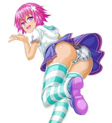 Rule 34 | 10s, 1girl, artist request, ass, blush, d-pad, dress, from behind, hair ornament, heart, hood, hoodie, looking at viewer, looking back, neptune (neptunia), neptune (series), open mouth, panties, pantyshot, purple eyes, purple hair, shiny clothes, shiny skin, short hair, skirt, solo, striped clothes, striped panties, striped thighhighs, thighhighs, underwear, upskirt