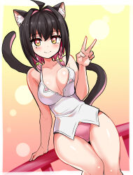Rule 34 | 1girl, ahoge, animal ears, black hair, braid, breasts, camisole, cat ears, cat girl, cat tail, closed mouth, commentary, cougar (cougar1404), crotch seam, dutch angle, hair intakes, leo (cougar1404), looking at viewer, medium breasts, mole, mole under eye, multicolored hair, original, panties, pink hair, pink panties, railing, short hair, side braids, sitting, smile, solo, tail, two-tone hair, underwear, underwear only, white camisole, yellow eyes