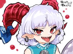 Rule 34 | 1girl, blue dress, curly hair, dress, earrings, horizontal pupils, horn ornament, horn ribbon, horns, howhow notei, jewelry, open mouth, pointy ears, rectangular pupils, red eyes, red horns, ribbon, sharp teeth, sheep horns, teeth, tongue, tongue out, touhou, toutetsu yuuma, utensil, white hair