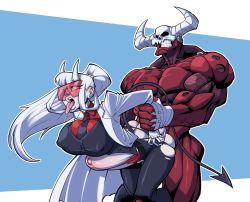 Rule 34 | 1boy, 1girl, absurdres, ahegao, arm grab, artist request, ass, between breasts, black necktie, black pants, black tail, black vest, breasts, clothed female nude male, clothed sex, colored skin, commentary, covered erect nipples, deep penetration, demon boy, demon girl, demon horns, demon tail, doggystyle, drooling, english commentary, fontez, fucked silly, hair rings, helltaker, hetero, highres, horns, lab coat, large breasts, long hair, loremaster (helltaker), mechanical hands, muscular, muscular male, navel, necktie, necktie between breasts, no panties, nude, pale skin, pants, patchwork skin, ponytail, red-tinted eyewear, red eyes, red goggles, red shirt, red skin, rough sex, sex, sex from behind, shirt, skindentation, stomach bulge, subject 67 (helltaker), tail, teeth, tinted eyewear, tongue, tongue out, torn clothes, torn pants, torn shirt, upper teeth only, vest, white hair, white horns