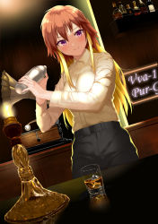 Rule 34 | 1girl, absurdres, backlighting, bartender, black pants, blonde hair, blush, bottle, breasts, brown hair, buttons, candle, closed mouth, collared shirt, commentary, counter, cup, drink, drinking glass, dutch angle, flask, hands up, highres, holding, holding cup, ice, ice cube, idolmaster, idolmaster cinderella girls, indoors, long hair, long sleeves, looking at viewer, medium breasts, multicolored hair, neon lights, ninomiya asuka, pants, phonograph, purple eyes, shelf, shirt, shirt tucked in, shot glass, sidelocks, smile, solo, standing, table, teruru (pixiv 6148103), two-tone hair, white shirt, wine bottle