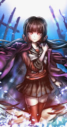 Rule 34 | 1girl, absurdres, black thighhighs, blunt bangs, borrowed clothes, bracelet, brown hair, collarbone, commentary request, cowboy shot, danganronpa (series), danganronpa v3: killing harmony, hair ornament, hairclip, hand up, harukawa maki, highres, holding, huge filesize, jacket, jacket on shoulders, jewelry, long hair, long sleeves, looking at viewer, low twintails, minster (dooke), mole, mole under eye, plaid, pleated skirt, red eyes, red scrunchie, red thighhighs, school uniform, scrunchie, serafuku, shirt, skindentation, skirt, smile, solo, space print, standing, starry sky print, thighhighs, twintails, very long hair, zettai ryouiki
