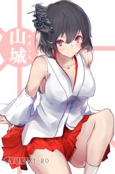 Rule 34 | 10s, 1girl, black hair, blush, character name, detached sleeves, hair ornament, highres, kantai collection, knee up, light smile, looking at viewer, nontraditional miko, pink eyes, short hair, sitting, skirt, solo, twitter username, yamashiro (kancolle), yuky (cassis powder)