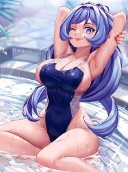 Rule 34 | 1girl, ;), armpits, arms behind head, arms up, artist name, blue eyes, blue hair, boku no hero academia, breasts, enma (enmanuelart), hadou nejire, highleg, highleg swimsuit, highres, large breasts, long hair, looking at viewer, nail polish, one-piece swimsuit, one eye closed, pool, red lips, red nails, sideboob, sitting, smile, solo, swimsuit, very long hair, water, wet, wet clothes