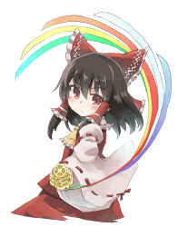 Rule 34 | 1girl, absurdres, ascot, black hair, bow, commentary request, detached sleeves, frilled ascot, frilled bow, frills, hair bow, hair tubes, hakurei reimu, highres, kibisake, long sleeves, red bow, red eyes, red skirt, red vest, ribbon, ribbon-trimmed sleeves, ribbon trim, simple background, skirt, touhou, upper body, vest, white background, wide sleeves, yellow ascot