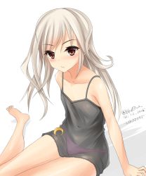 Rule 34 | 10s, 1girl, bare shoulders, barefoot, blasowa, blush, camisole, character name, commentary request, crescent pin, dated, highres, kantai collection, kikuzuki (kancolle), long hair, looking at viewer, navel, panties, pink panties, red eyes, simple background, sitting, solo, twitter username, underwear, wariza, white hair