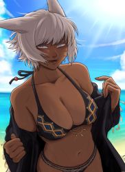 Rule 34 | 1girl, animal ears, beach, bikini, blind, breasts, cat ears, cleavage, commentary, dark-skinned female, dark skin, day, english commentary, facial mark, final fantasy, final fantasy xiv, grey eyes, halterneck, highres, large breasts, looking at viewer, miqo&#039;te, navel, open clothes, outdoors, short hair, solo, string bikini, swimsuit, tabletorgy, water, whisker markings, white hair, y&#039;shtola rhul