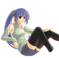 Rule 34 | 1girl, bare shoulders, blue hair, detached sleeves, green shirt, long hair, mil (xration), ponytail, shirt, sleeveless, sleeveless turtleneck, solo, sweater, thighhighs, turtleneck
