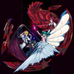 Rule 34 | 2boys, 2girls, black gloves, black hairband, black pants, black shirt, black wings, blonde hair, breasts, card, cleavage, detached sleeves, dragon wings, fingerless gloves, fudo yusei, gloves, green hair, hairband, holding, holding card, izayoi aki, jack atlas, jewelry, lazward, long hair, looking up, luca (yu-gi-oh!), medium breasts, multicolored hair, multiple boys, multiple girls, necklace, outstretched arm, pants, red eyes, red hair, red wings, shirt, short sleeves, sidelocks, single wing, spiked hair, twintails, two-tone hair, white wings, wings, yu-gi-oh!, yu-gi-oh! 5d&#039;s