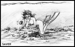 Rule 34 | bubble, dated, diving, fish, flippers, freediving, goggles, greyscale, holding breath, monochrome, nude, nudist, ocean, saver (artist), scallop, signature, skinny dipping, solo, swimming, traditional media, underwater, water, zenra