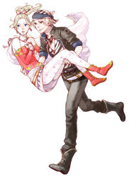 Rule 34 | 1990s (style), 1boy, 1girl, bad id, bad pixiv id, bandana, blonde hair, blue eyes, cape, carrying, detached sleeves, earrings, final fantasy, final fantasy vi, haato, jewelry, locke cole, long hair, necklace, pantyhose, ponytail, princess carry, tina branford