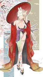 1girl absurdres animal_ears asa_no_ha_(pattern) asymmetrical_legwear bare_shoulders black_bra black_footwear blonde_hair blue_leotard bra breasts cat_ears cat_fantasy cat_girl cat_tail checkered_clothes cherry_blossom_print cherry_blossoms cleavage commentary commentary_request egasumi floral_print fox_mask full_body geta hand_on_own_chin highres japanese_clothes katana kimono large_breasts leaning_forward leotard long_hair looking_at_viewer mask mask_over_one_eye multicolored_background multicolored_sash oil-paper_umbrella one_eye_covered open_clothes open_kimono pn_yaguchi_ri2 red_eyes red_kimono seigaiha smile sword sylviette_(cat_fantasy) tail twin_blades umbrella umbrella_over_shoulder underwear very_long_hair weapon