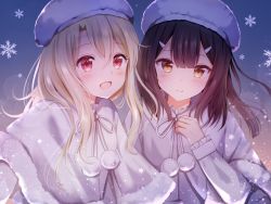 Rule 34 | 2girls, :d, blonde hair, blush, brown hair, capelet, closed mouth, commentary request, fate/kaleid liner prisma illya, fate (series), frilled sleeves, frills, fur-trimmed capelet, fur hat, fur trim, gradient background, hair ornament, hairclip, hand on own chest, hat, illyasviel von einzbern, lens flare, long hair, long sleeves, looking at viewer, miyu edelfelt, multiple girls, nasii, open mouth, pom pom (clothes), red eyes, ribbon, smile, snowflakes, upper body, white capelet, white headwear, white ribbon, yellow eyes