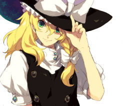 Rule 34 | 1girl, adjusting clothes, adjusting headwear, blonde hair, blue eyes, bow, braid, buttons, ebira, female focus, green eyes, hand on headwear, hat, hat tip, kirisame marisa, light smile, lips, revision, smile, solo, touhou, touhou project 1000 users, upper body