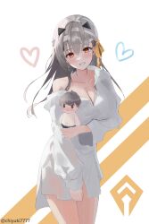 Rule 34 | 1girl, arm under breasts, bandaged head, bandages, bare shoulders, blush, breasts, character doll, chiyuki7777, cleavage, collarbone, commander (nikke), goddess of victory: nikke, grey hair, grin, hair ribbon, heart, large breasts, long hair, looking at viewer, modernia (first affection) (nikke), modernia (nikke), off-shoulder shirt, off shoulder, official alternate costume, red eyes, ribbon, shirt, sidelocks, smile, solo, white shirt, yellow ribbon