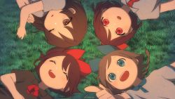 Rule 34 | 4girls, artist name, blue bow, blue eyes, bow, bowtie, braid, brown eyes, brown hair, collared shirt, commentary request, dress, closed eyes, fullc8, grass, hair bow, haru (yomawari), highres, lying, multiple girls, necktie, on back, one eye closed, open mouth, pointing, protagonist&#039;s sister (yomawari), protagonist (yomawari), red bow, red eyes, red neckwear, shin yomawari, shirt, short hair, smile, upper body, yomawari, yomawari (series), yui (yomawari)