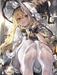 Rule 34 | 1girl, ame929, blonde hair, bloomers, blush, commentary, fang, feet, finger to mouth, fingerless gloves, foot focus, gloves, hair between eyes, hands up, hat, highres, indoors, kirisame marisa, long hair, looking at viewer, no shoes, orange eyes, pantyhose, parted lips, puffy short sleeves, puffy sleeves, see-through, short sleeves, sitting, soles, solo, symbol-only commentary, toes, touhou, underwear, very long hair, white pantyhose, witch hat