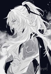Rule 34 | 1boy, black background, crossed arms, facing to the side, greyscale, half updo, highres, honkai: star rail, honkai (series), jing yuan, long hair, long sleeves, looking at viewer, male focus, merry (secilhodoshima), mole, mole under eye, monochrome, ponytail, solo, twitter username, white eyes, white hair