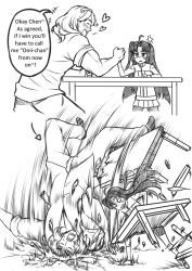 Rule 34 | 1boy, 1girl, ahoge, anger vein, arm wrestling, bike shorts, broken, english text, furi2play!, greyscale, long hair, miniskirt, monochrome, motion lines, muscular, open mouth, peach88, pleated skirt, shorts, shorts under skirt, size difference, skirt, sleeves rolled up, sweat, table