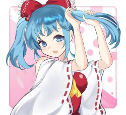 Rule 34 | 1girl, :d, aika4472, ascot, bare shoulders, blue eyes, blue hair, bow, breasts, cosplay, detached sleeves, hair bobbles, hair bow, hair ornament, hakurei reimu, hakurei reimu (cosplay), kawashiro nitori, large breasts, open mouth, pink background, red bow, ribbon-trimmed sleeves, ribbon trim, smile, solo, touhou, two side up, tying hair, upper body, wide sleeves, yellow ascot