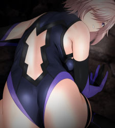 Rule 34 | 1girl, all fours, ass, back cutout, bare shoulders, breasts, clothing cutout, elbow gloves, fate/grand order, fate (series), gloves, hair over one eye, leotard, looking back, mash kyrielight, medium breasts, pink hair, purple eyes, short hair, skin tight, sleeveless, solo, thigh strap, thighhighs, yadokari genpachirou