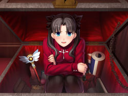 Rule 34 | 00s, 1girl, black hair, blue eyes, blush, box, fate/hollow ataraxia, fate/stay night, fate (series), game cg, in box, in container, kaleidostick, solo, takeuchi takashi, tohsaka rin, turtleneck, twintails, two side up, wand