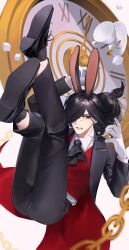 Rule 34 | 1boy, absurdres, animal ears, arm up, ascot, ass, bad proportions, black ascot, black hair, black pants, black socks, blurry, blurry foreground, chain, clock, cup, fafnir (maidragon), formal, full body, glasses, gloves, hair over one eye, highres, holding, holding pocket watch, kobayashi-san chi no maidragon, long hair, low-tied long hair, male focus, omizu 03, pants, pocket watch, rabbit ears, red eyes, red vest, socks, solo, spoon, sugar cube, suit, teacup, vest, watch, white gloves