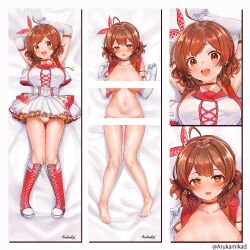 1girl :d ahoge armpits arukamikad bar_censor bed_sheet boots breasts brown_hair cameltoe censored choker cleft_of_venus commentary_request dakimakura_(medium) earrings feet gakuen_idolmaster gloves gluteal_fold hanami_ume highres idolmaster jacket jewelry knee_boots large_breasts looking_at_viewer multiple_views naked_jacket open_mouth panties red_choker red_footwear shirt signature skirt smile teeth the_rolling_riceball_(idolmaster) thigh_gap toes triangle_earrings twitter_username underwear upper_teeth_only upskirt white_gloves white_panties white_shirt white_skirt