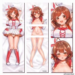 Rule 34 | 1girl, :d, ahoge, armpits, arukamikad, bar censor, bed sheet, boots, breasts, brown hair, cameltoe, censored, choker, cleft of venus, commentary request, dakimakura (medium), earrings, feet, gakuen idolmaster, gloves, gluteal fold, hanami ume, highres, idolmaster, jacket, jewelry, knee boots, large breasts, looking at viewer, multiple views, naked jacket, open mouth, panties, red choker, red footwear, shirt, signature, skirt, smile, teeth, the rolling riceball (idolmaster), thigh gap, toes, triangle earrings, twitter username, underwear, upper teeth only, upskirt, white gloves, white panties, white shirt, white skirt