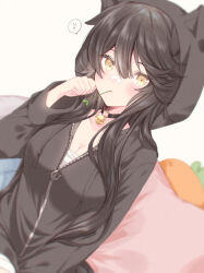 Rule 34 | 1girl, absurdres, animal hood, bandaid, bandaid on face, bandaid on nose, bell, black hair, black jacket, blurry, breasts, cleavage, collarbone, depth of field, dutch angle, glint, hand up, highres, hood, hood up, hooded jacket, jacket, long hair, long sleeves, looking at viewer, medium breasts, mouth hold, narita brian (umamusume), neck bell, parted lips, partially unzipped, pillow, sarashi, solo, speech bubble, stalk in mouth, tetora (oudonoishiize), umamusume, yellow eyes