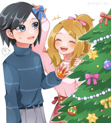 Rule 34 | +++, 1boy, 1girl, ?, ^ ^, arm up, belt, belt buckle, black hair, blonde hair, blue ribbon, blue sweater, blush, buckle, calem (pokemon), christmas ornaments, christmas tree, closed eyes, commentary, cowboy shot, creatures (company), eyelashes, game freak, grey eyes, grey pants, hair ribbon, hand up, happy, holding, long sleeves, medium hair, nintendo, open mouth, pants, pink ribbon, pink sweater, pokemon, pokemon xy, ponytail, puffy sleeves, rain (tonight 862), red skirt, ribbon, serena (pokemon), simple background, skirt, smile, spoken question mark, standing, striped clothes, striped sweater, sweatdrop, sweater, teeth, tree, turtleneck, turtleneck sweater, twitter username, white background