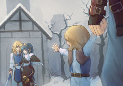 Rule 34 | 1girl, 3boys, belt, blonde hair, blue eyes, blue hair, bow, child, commentary, cubehero, dizzy (guilty gear), eyepatch, fingerless gloves, gloves, guilty gear, guilty gear 2, hair bow, holding hands, ky kiske, long hair, multiple boys, open mouth, ponytail, red eyes, short hair, sin kiske, snow, sol badguy, squirrel, sword, tail, tail bow, tail ornament, tree, weapon, wings