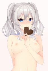 Rule 34 | 10s, 1girl, arm behind back, blue eyes, blush, breasts, candy, chocolate, chocolate heart, food, heart, heart-shaped pupils, highres, inushi, kantai collection, kashima (kancolle), medium breasts, navel, nipples, no headwear, nude, short hair, silver hair, solo, symbol-shaped pupils, twintails, upper body, valentine