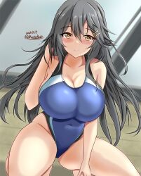 Rule 34 | 1girl, black hair, black one-piece swimsuit, blue one-piece swimsuit, breasts, brown eyes, competition swimsuit, covered navel, dated, hair ornament, hairclip, haruna (kancolle), highleg, highleg swimsuit, highres, impossible clothes, impossible swimsuit, kantai collection, large breasts, long hair, montemasa, multicolored clothes, multicolored swimsuit, one-hour drawing challenge, one-piece swimsuit, rei no pool, solo, squatting, swimsuit, twitter username, two-tone swimsuit